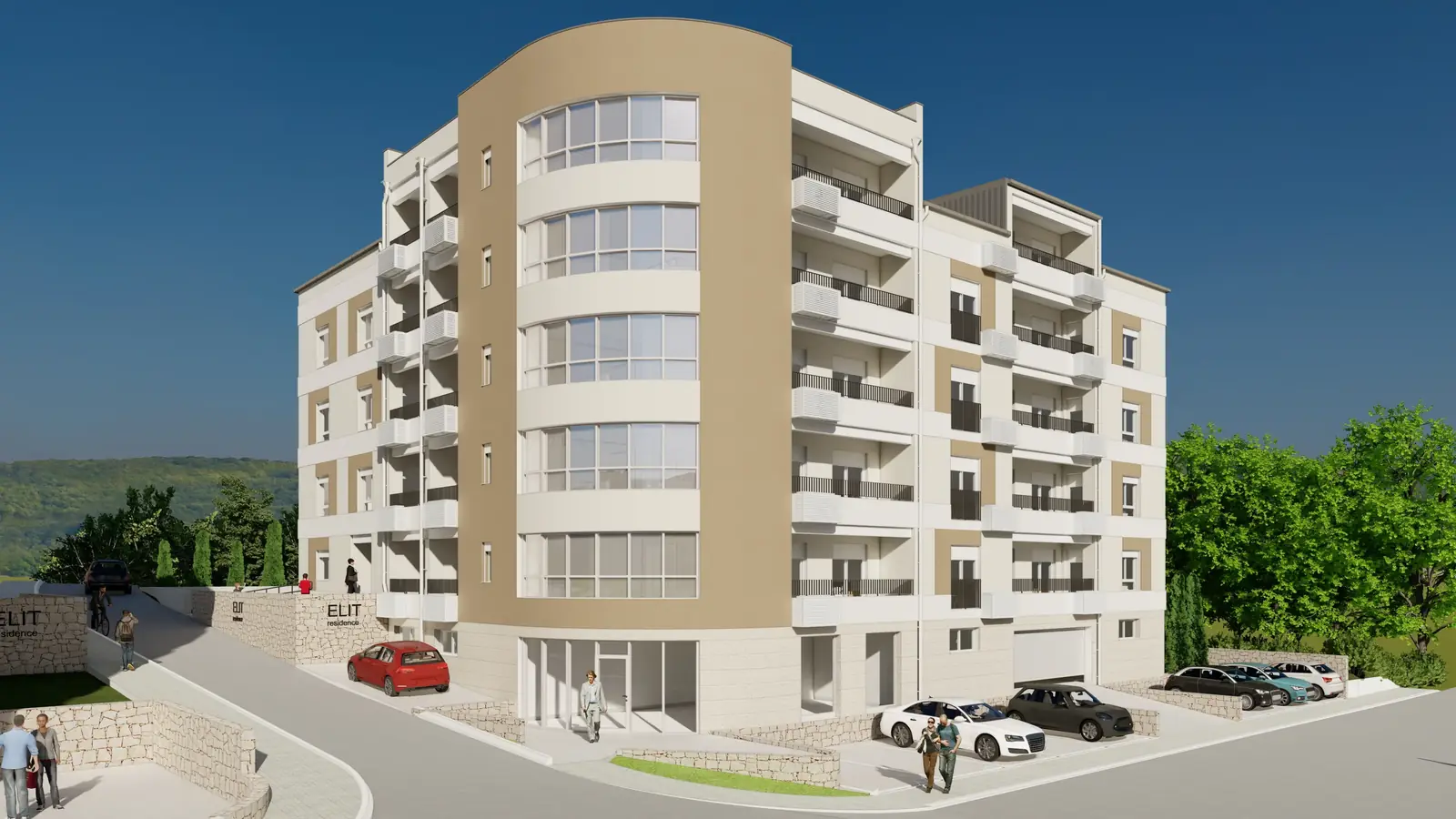 Elit Residence, stambena zgrada sa zaobljenim uglom u bež tonu