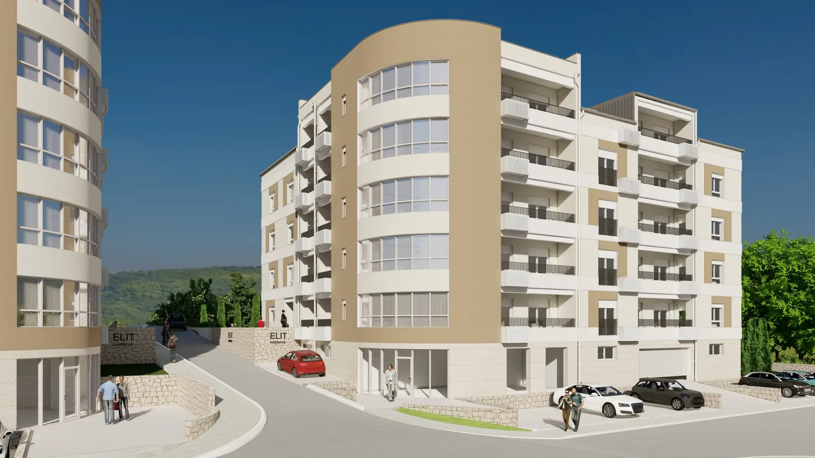 Dvije zgrade kompleksa Elit Residence sa pristupnom ulicom između njih